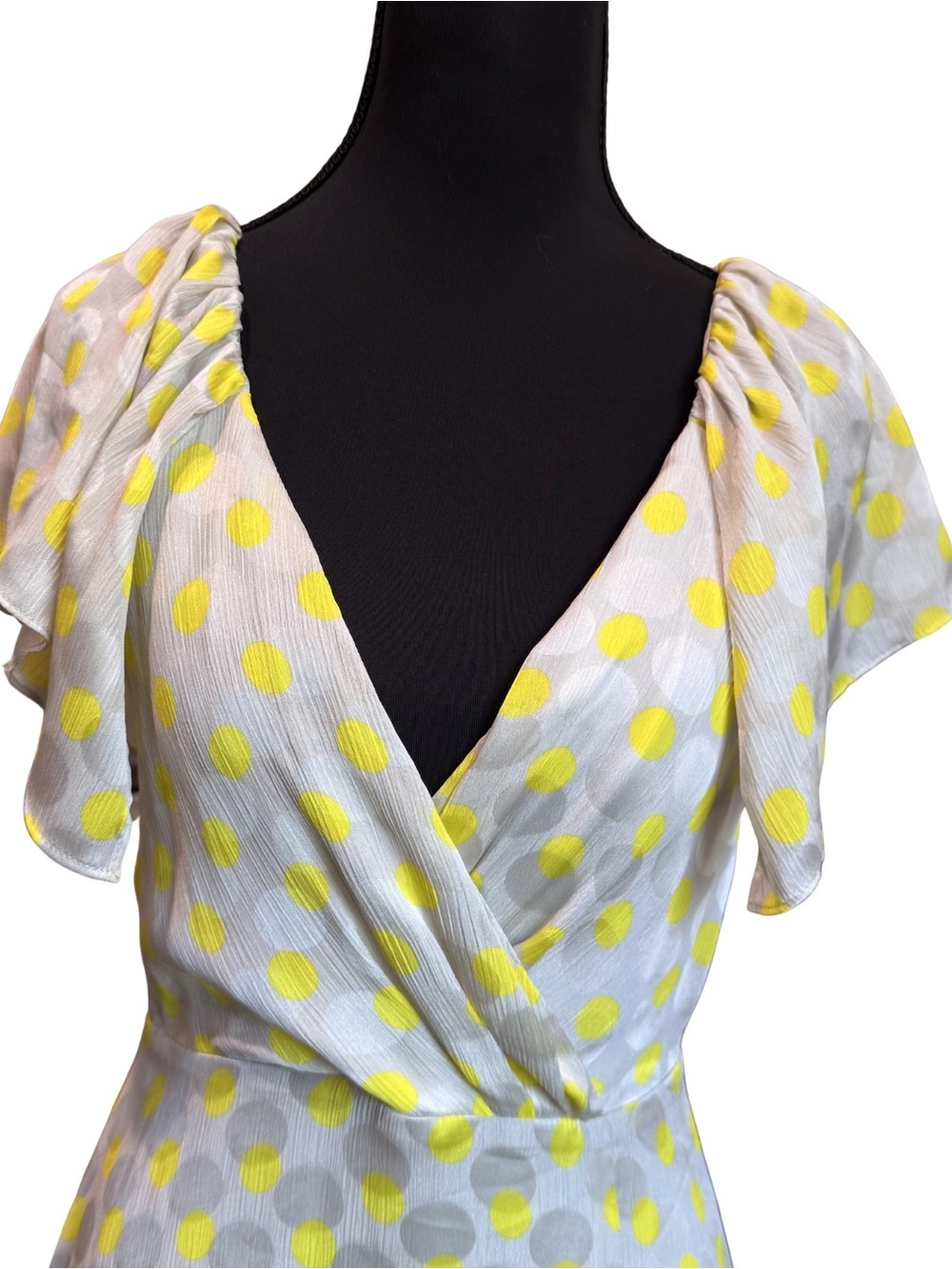 Zara Gray Yellow Polka Dot Midi Dress XS Chiffon Ruffle Slit Vacation Summer - Picture 4 of 6